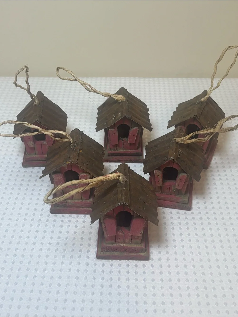 Rustic Primitive Red Wooden Birdhouse Ornaments Metal Roof Set of 6